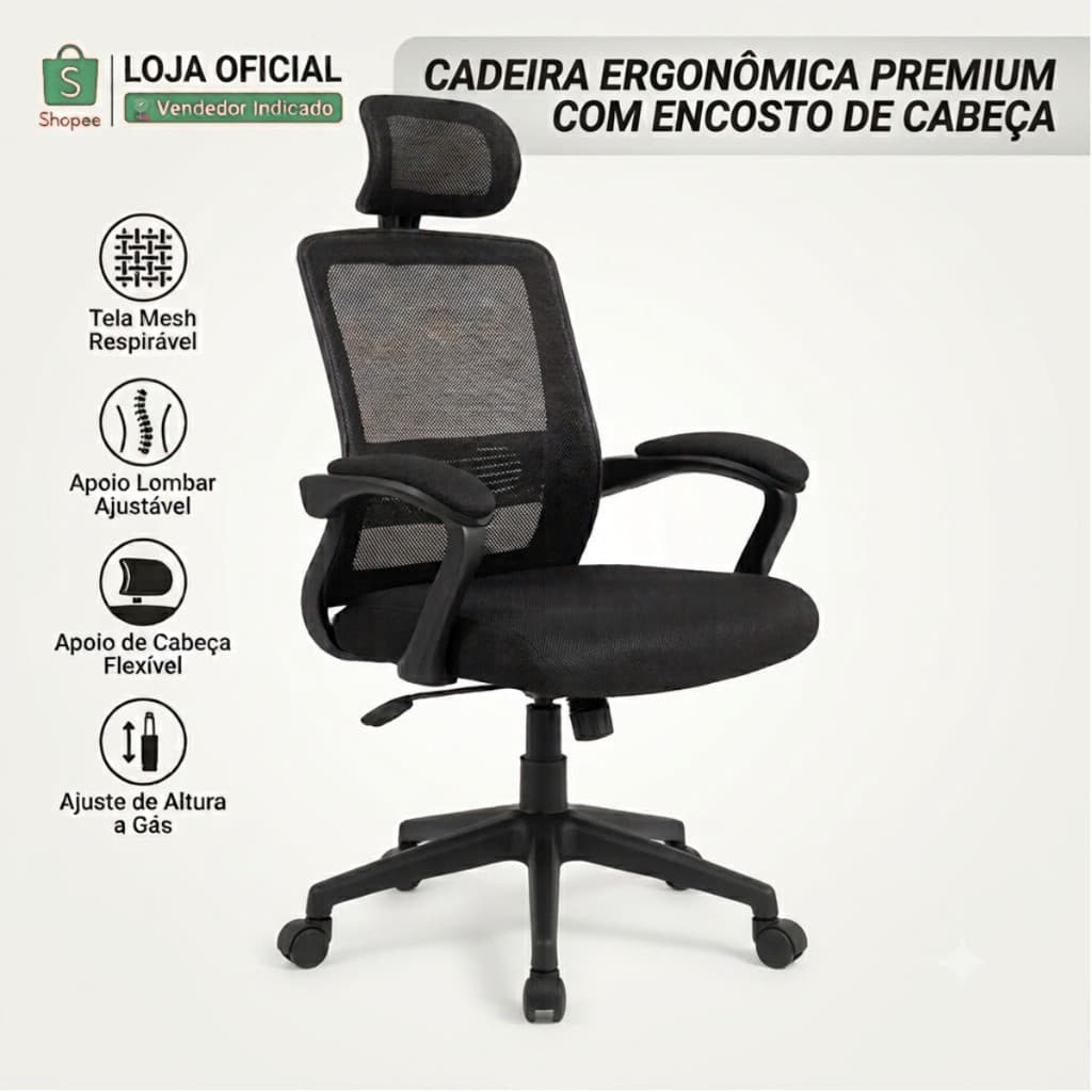 Cadeira Escritório Ergonômica Mesh Presidente Reclinável com Apoio Lombar e Encosto de Cabeça