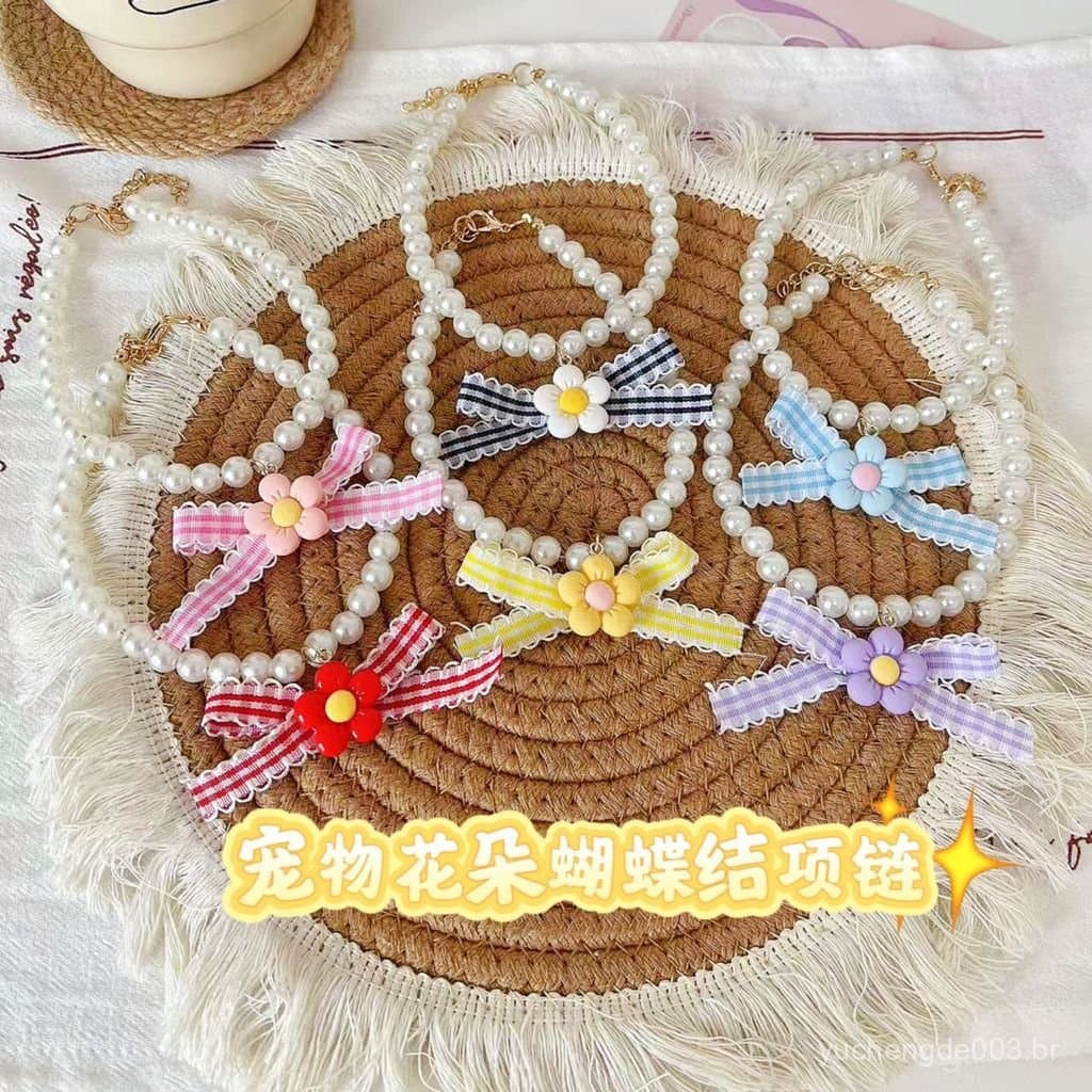 Colar com Laço para Gato de Estimação, Coleira de Pelúcia com Flor para Cachorro Teddy, Brinquedo de Pelúcia com Pingent