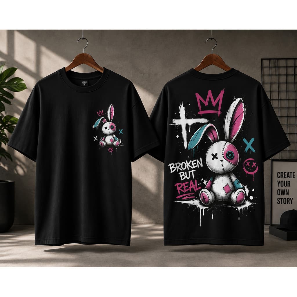 Camiseta Streetwear Coelho Dark Aesthetic Grunge Estilo Urbano Frente e Costas