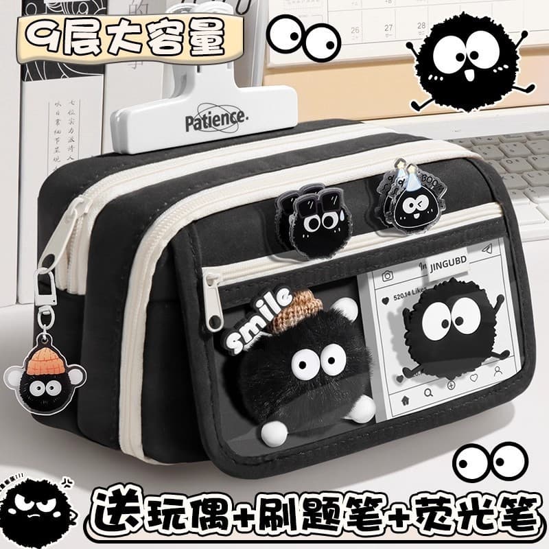 Estojo de Lápis Transparente de Grande Capacidade em Formato de Bola de Carvão Pequena, Bolsa de Material Escolar para E
