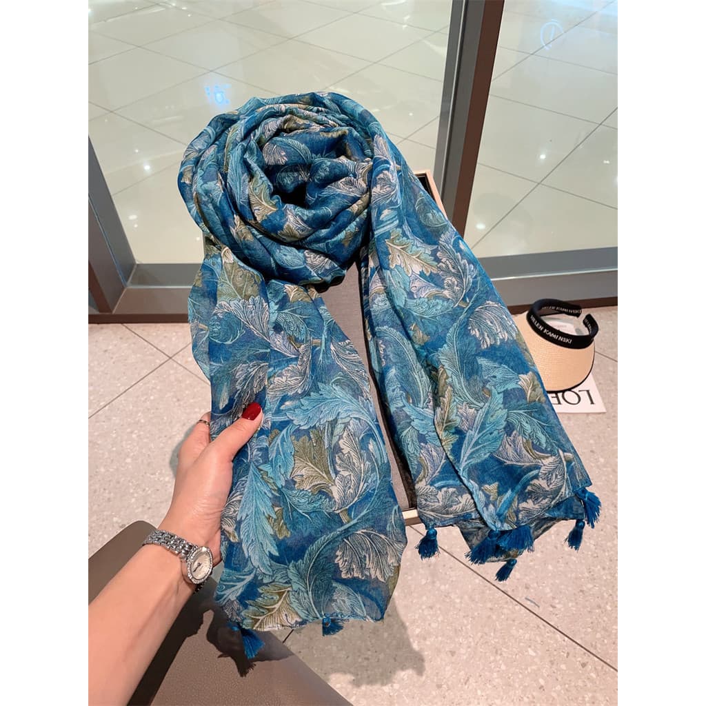 Pavão folha azul lenço de seda feminino primavera verão protetor solar ar condicionado xale toalha de praia outono fino