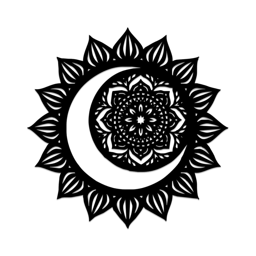 Quadro Decorativo Mandala Lua e Sol em MDF Preto para Ambientes Místicos
