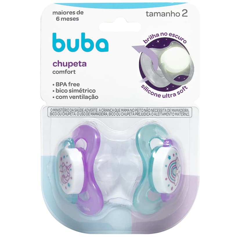 Kit 2 Chupeta Comfort Buba Tamanho 2 - 1 Noturna Unicórnio