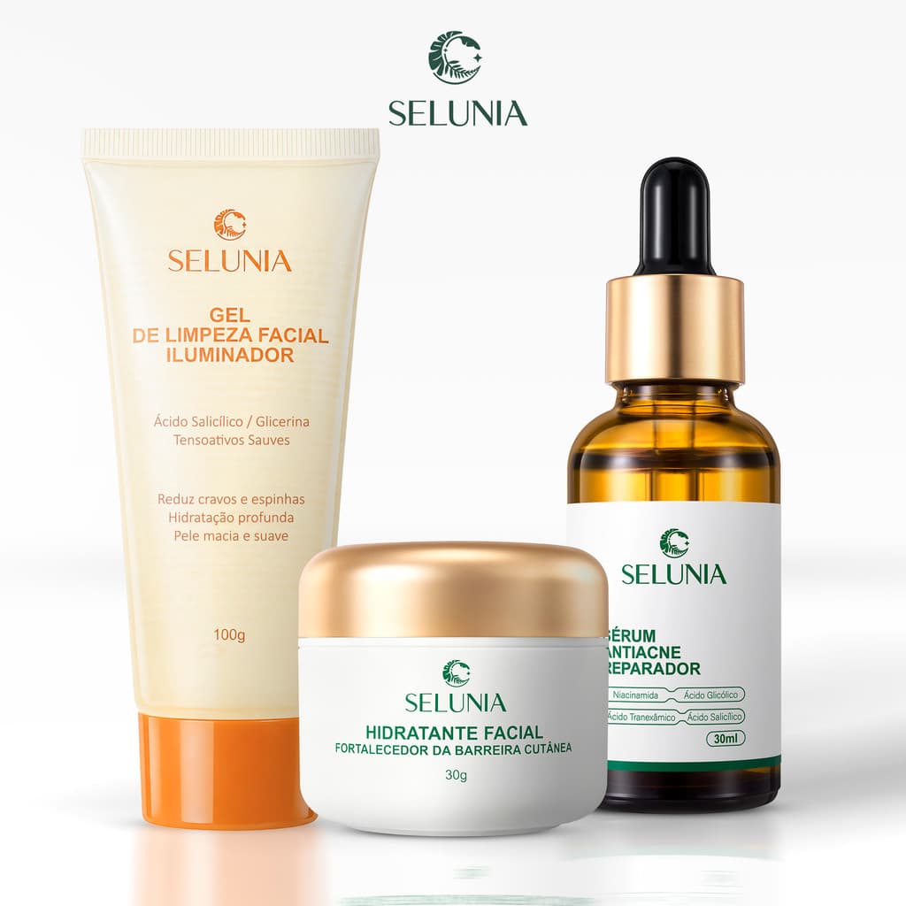 Kit Selunia Skincare Facial Selunia: Gel Limpeza+Sérum Anti-acne +Creme Reduz Cravos Espinhas Pele Oleosa