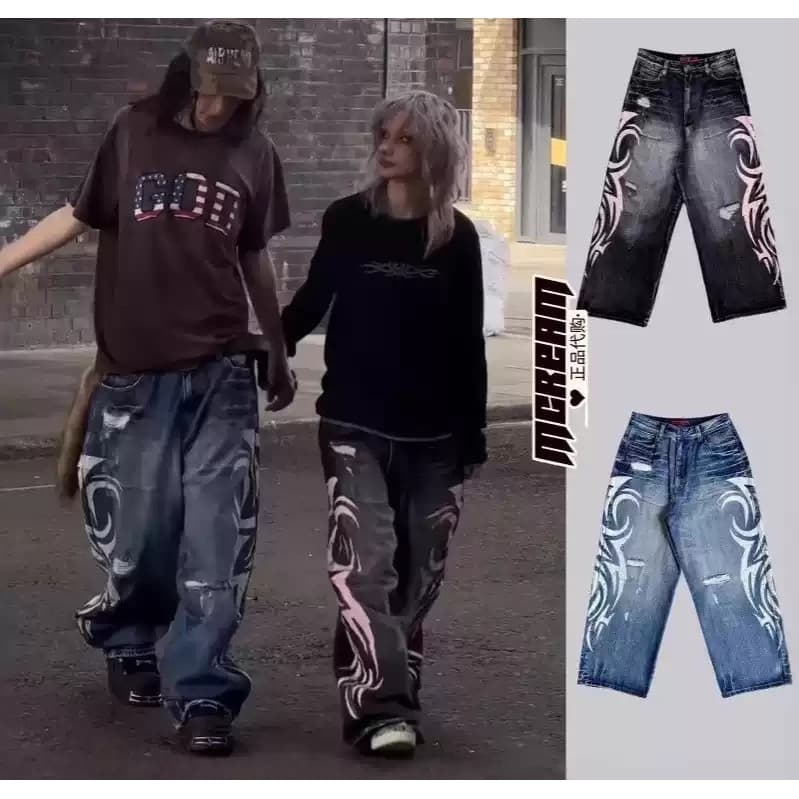Americano desconstrução costura Jeans masculino feminino verão High Street Design sentido Machete calças soltas calças d