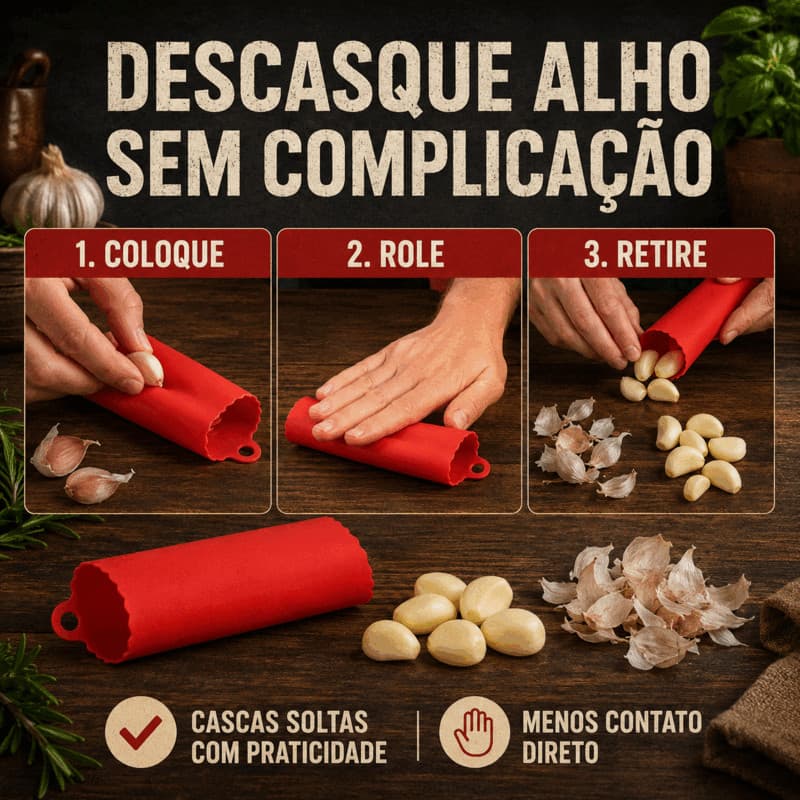 Utensílio Manual para Descascar Alho Rapidamente sem Sujar as Mãos — Flexível e Fácil de Usar