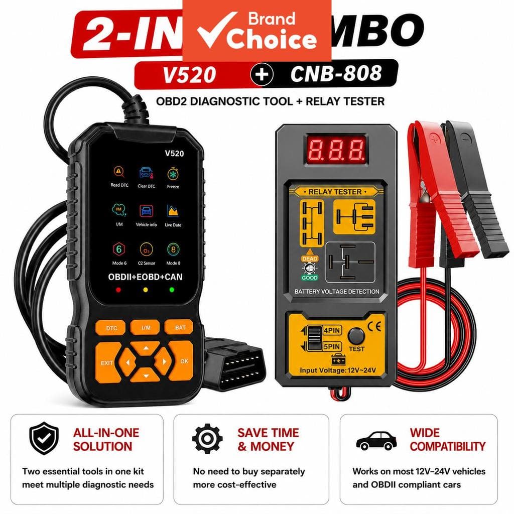 V520 Scanner Automotivo de Diagnóstico OBD2 e Kit Combo com Testador de Relé CNB-808, Leitor de Códigos de Motor com