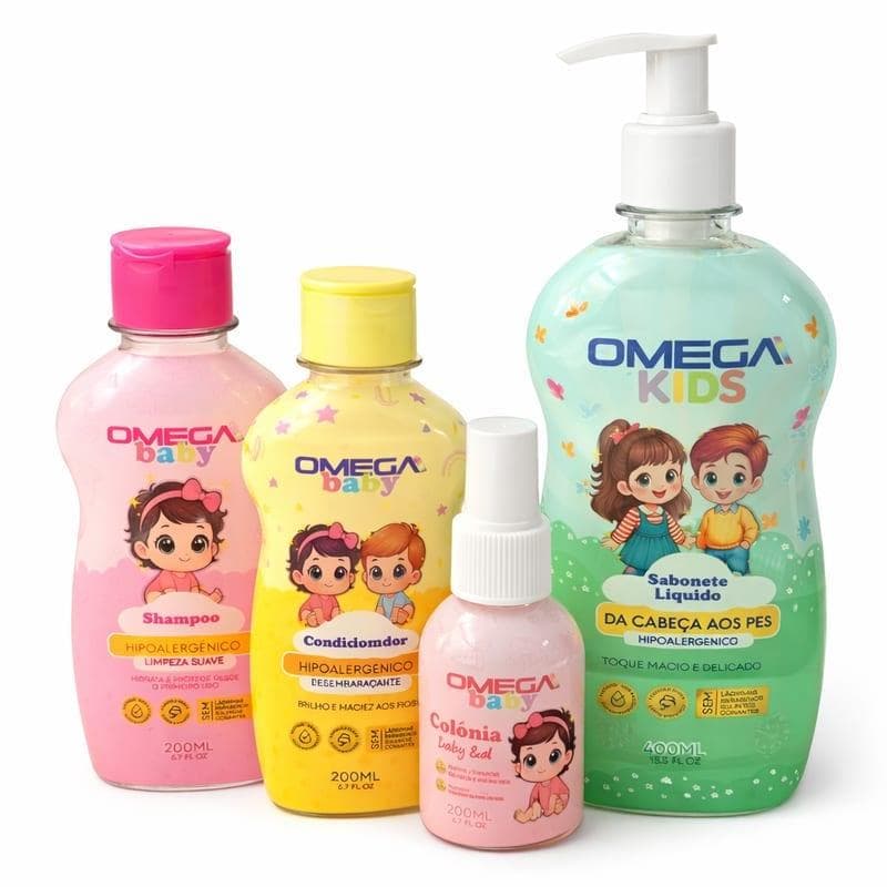 Kit Banho Bebê Omega Baby Menina 4 Peças - Shampoo 200ml, Condicionador 200ml, Sabonete Líquido 400ml, Colônia 100ml