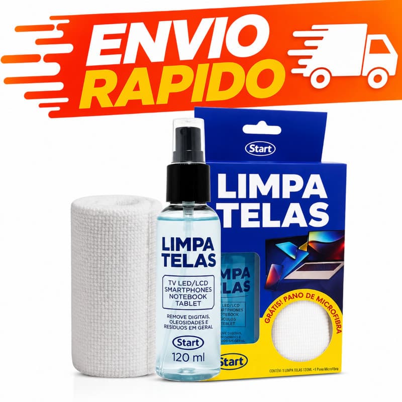 Limpa Telas 120ml + Pano Microfibra Remove Sujeira, Digitais e Desinfeta Celular, TV, Tablet, Laptop