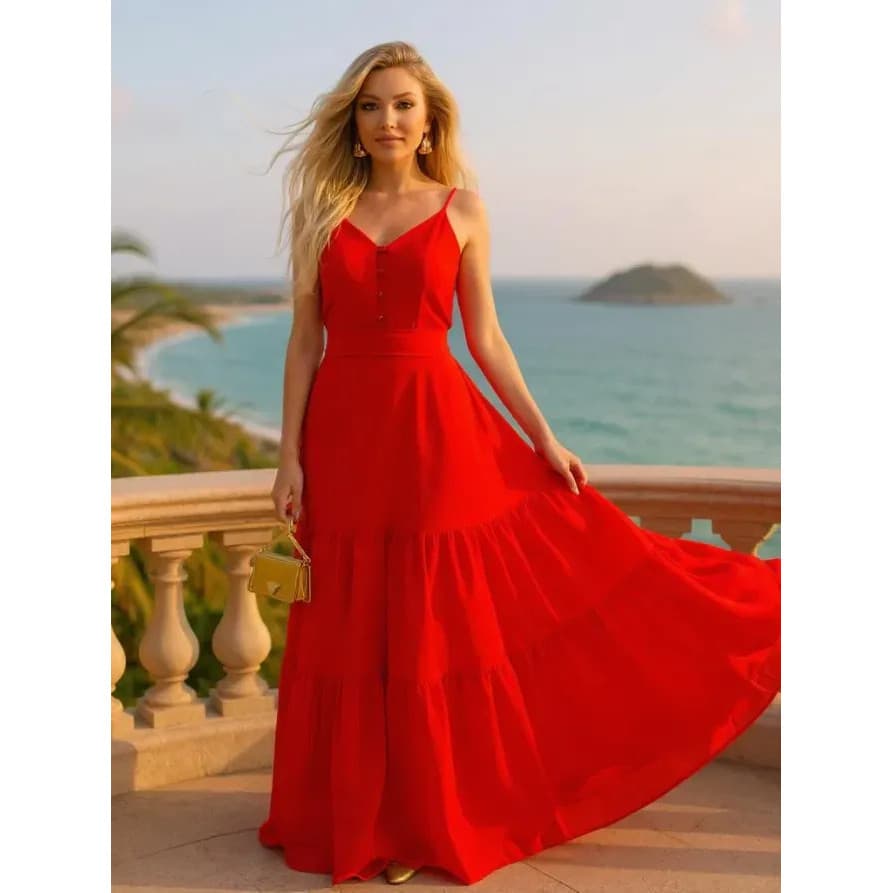 Vestido Feminino Longo Casual Fluido Elegante Alcinha Solto