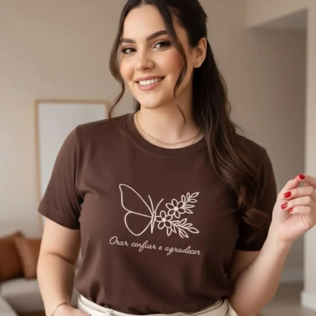 Camisa Casual Marrom Borboleta 100% Algodão Simples Delicada Bt1188