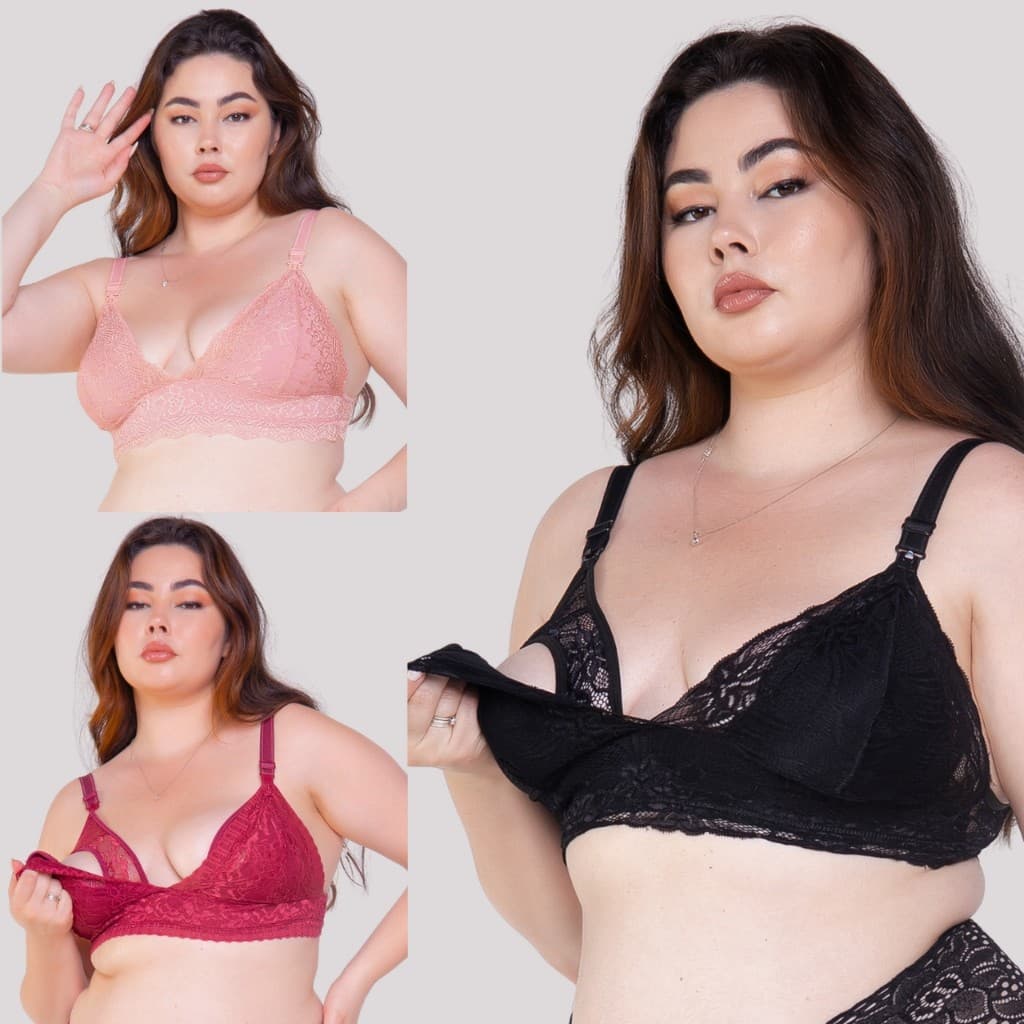 Kit 3 Sutiã Plus Size Amamentação Todo Renda Reforçado Gestante Pós Parto