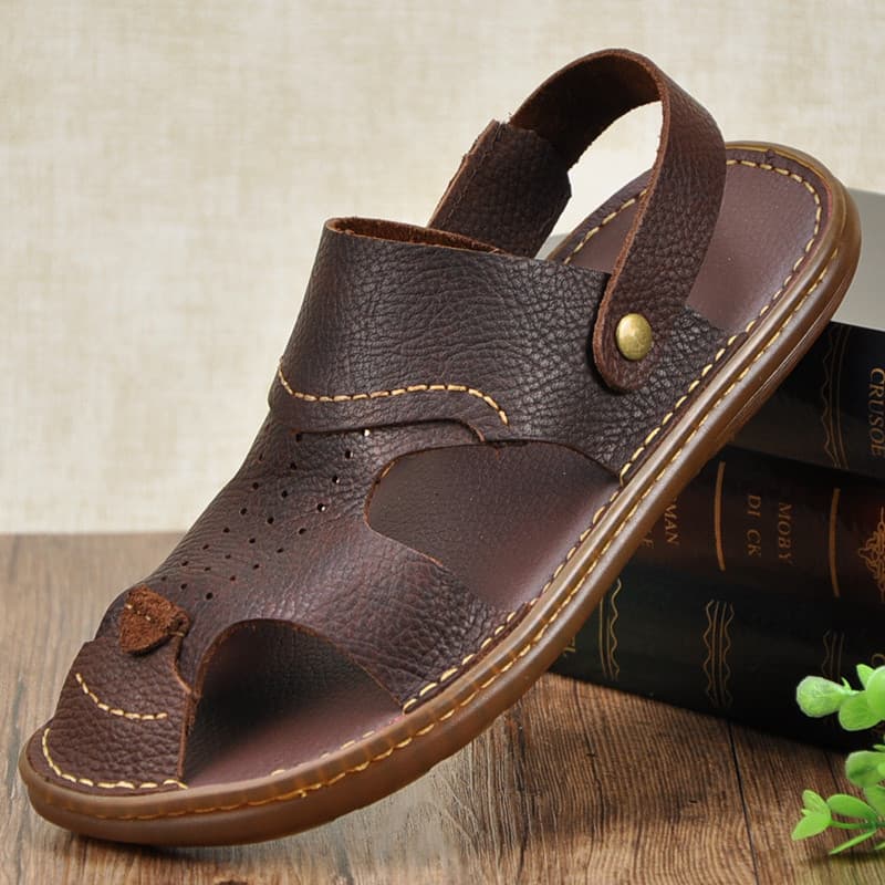 Sandálias masculinas chinelos de duas peças camada superior de couro sola macia sapatos de praia masculino Casual carne