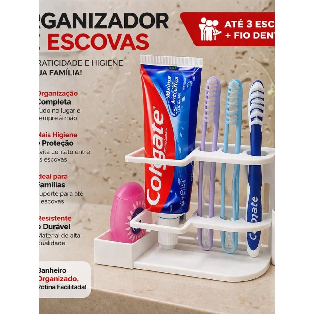 Organizador de Escovas de Dente 3 Escovas + Fio Dental Porta Escova + Pasta Suporte Banheiro Higiênico Família
