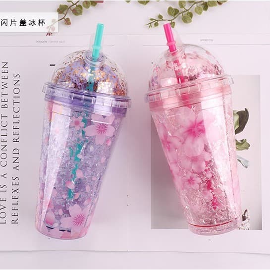 Versão coreana flor de cerejeira Glitter tampa dupla copo de gelo verão gelo fresco copo de suco plástico palha refriger