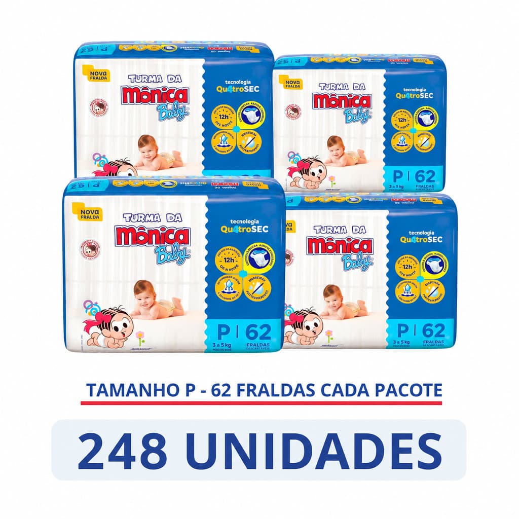 Fralda Descartável Turma da Mônica Tamanho  4 Pacotes - Total 200 Tiras
