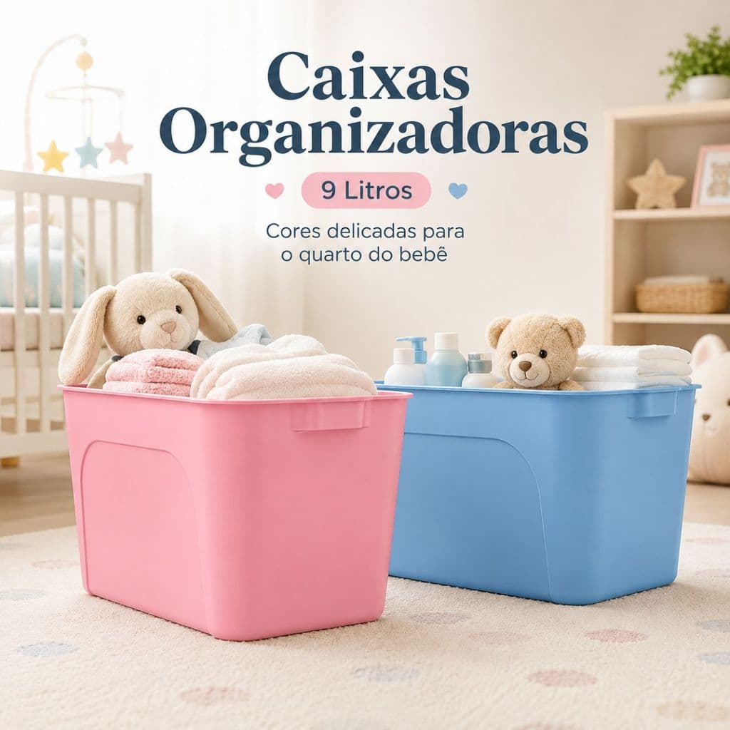 Kit 2 Caixas Organizadoras 9L Infantil Plástico Quarto de Bebê Brinquedos Roupas Fraldas Rosa Azul