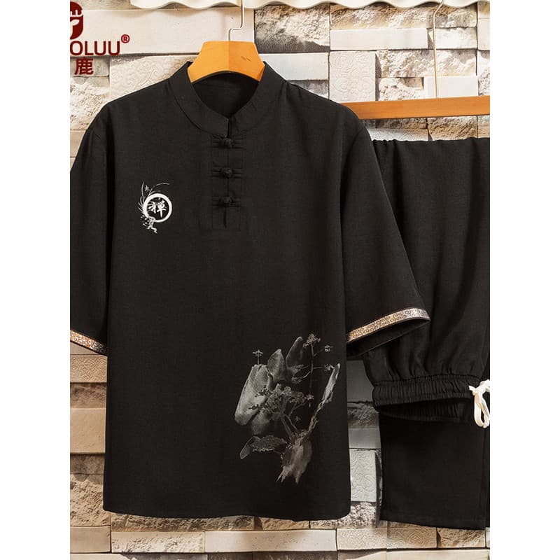 Estilo chinês terno Hanfu masculino de manga curta verão Tang terno gola alta calças casuais camada massagem Tuina W
