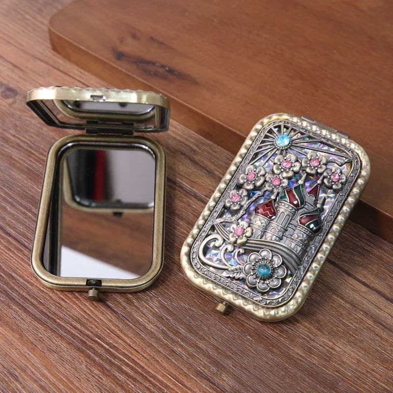 Retro Bronze oco dupla face dobrável portátil espelho de maquiagem de Metal pequeno espelho portátil beleza pequeno pres