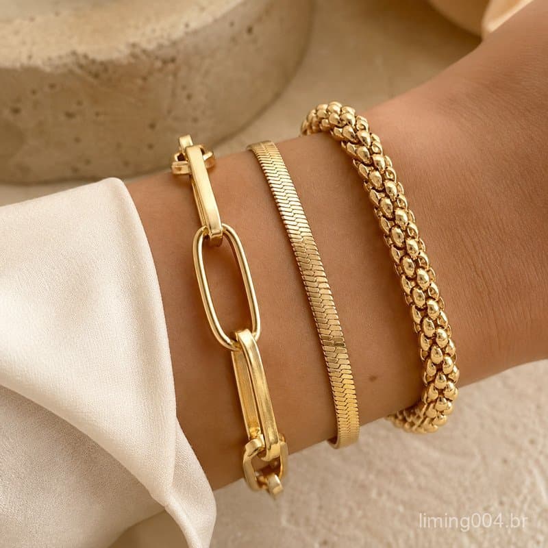 Kit 3 Pulseiras Femininas Douradas Minimalista Corrente Snake Chain Elegante Presente