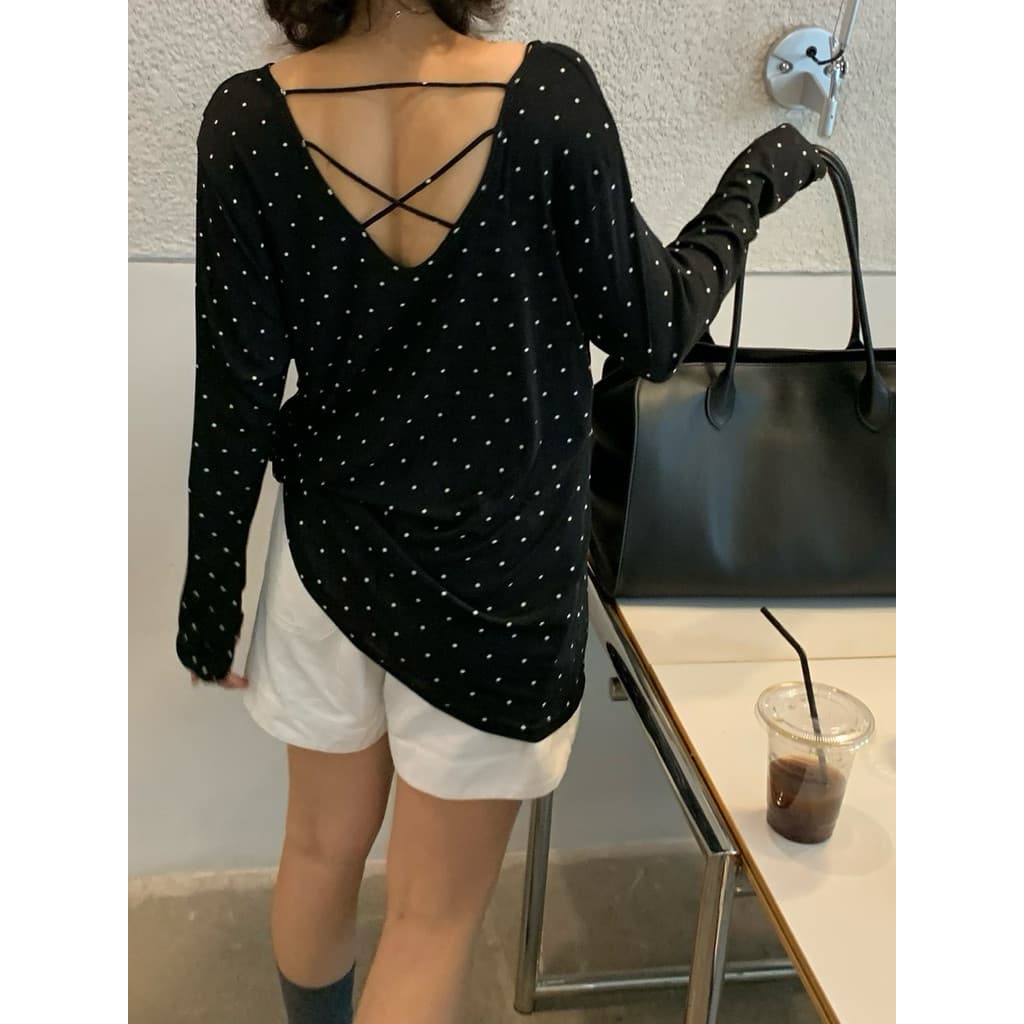 Cruz linda volta de manga comprida Polka Dot protetor solar camisa camiseta feminina solta topo blusa fina All-Match S