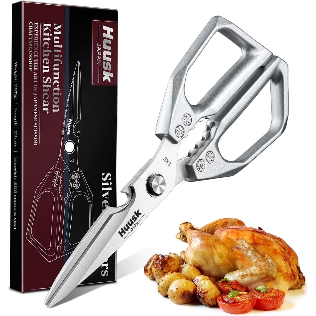 Tesoura de Cozinha HUUSK Multiuso - Tesoura de Cozinha em Aço Inoxidável, Tesoura de Carne Prateada Afiada, Lavável na M