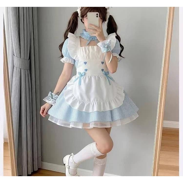 Cosplay Empregada Lolita Vestido Feminino Manga Bufante Gola Quadrada Listrado Fino Elegante Doce Kawaii Mini