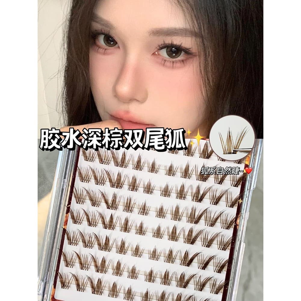 Cílios bonitos produto de moda marrom escuro raposa de cauda dupla Natural inclinado voando raposa cílios único Cluster