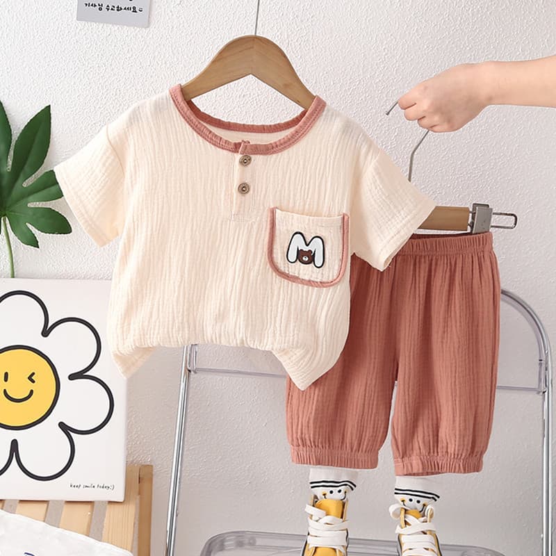 Meninos 2026 novo estilo verão terno de manga curta moda bebê roupas de verão algodão roupas de linho bebê crianças tern