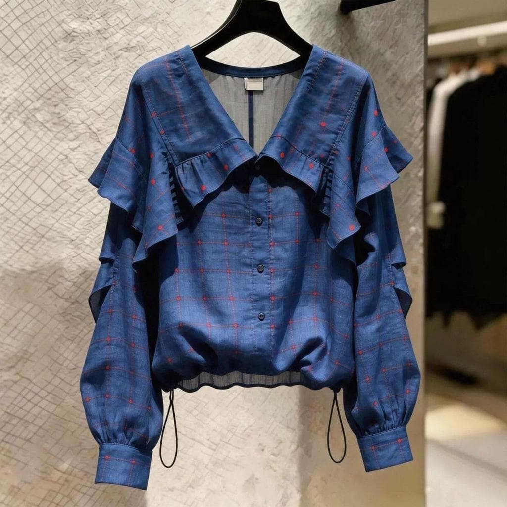[Venda por tempo limitado] Camisa de manga comprida com babados de Design moderno, 2026 verão novo estilo elegante e mai