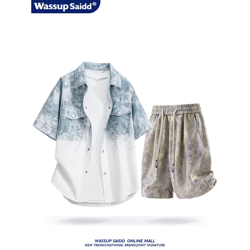 WASSUP SAIDD Terno Tie-Dye de verão gradiente camisa de manga curta masculina Shorts de cinco pontos roupa de rua adoles