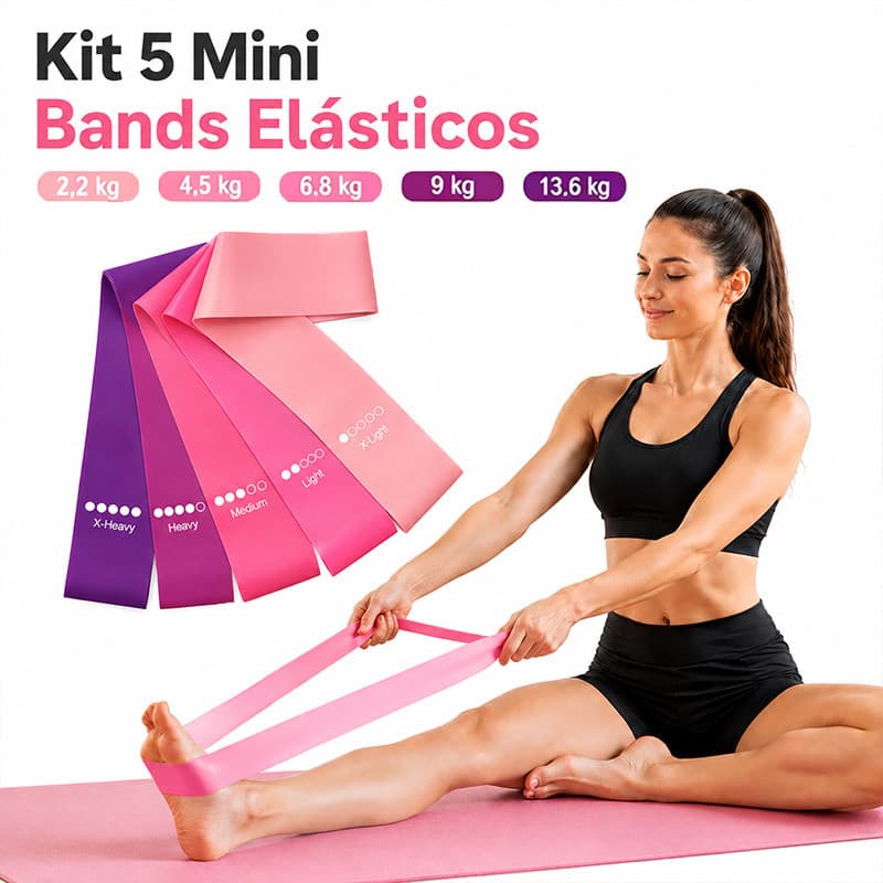 Mini Band Kit com 5 Faixas Elásticas Multicolor 5 Níveis Resistência para Treinos