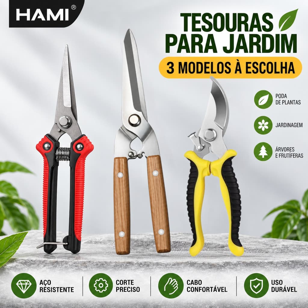 Tesoura de Poda para Jardim, 3 Modelos em Aço Inox–Cabo Madeira, Mola ou Curva，Lâmina Afiada