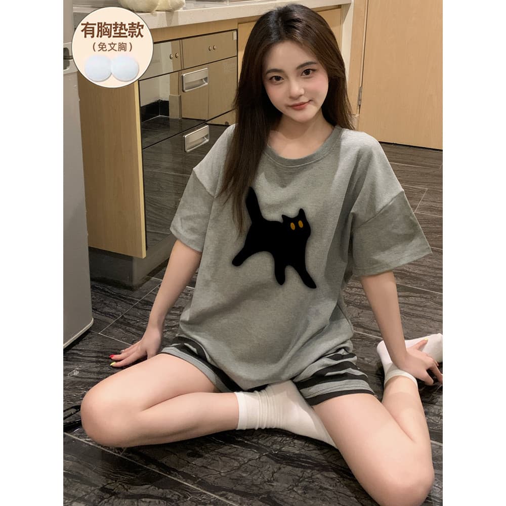 Pijamas com almofadas no peito feminino verão manga curta 2025 novo estilo puro algodão feminino pode usar fora estilo c