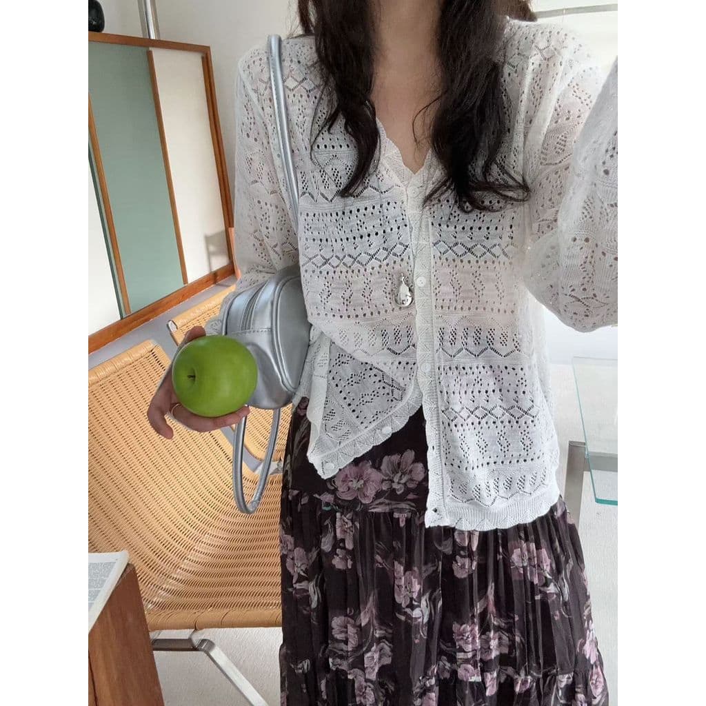 Oco Slub torção crochê com decote em V protetor solar pequeno Cardigan jaqueta fina feminina topo mais magro olhar verão