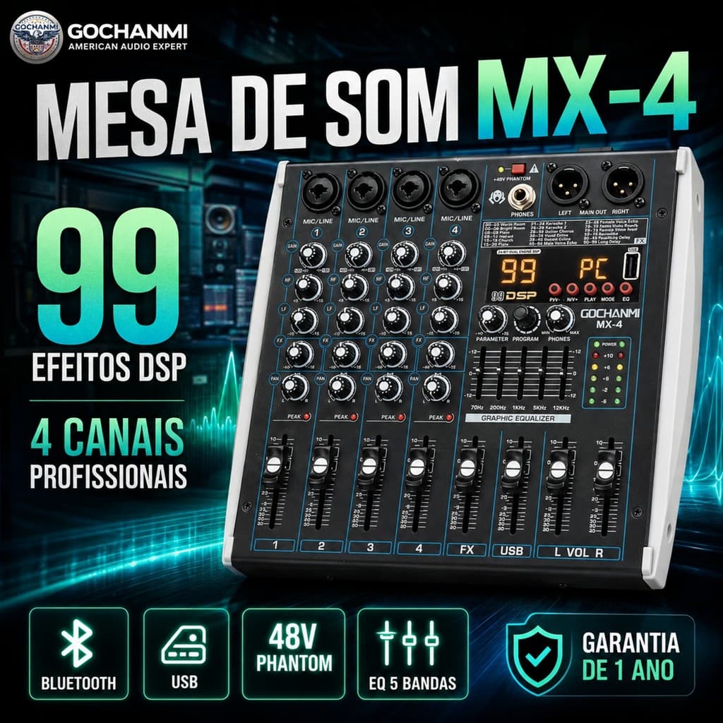 Mesa de Som e Interface USB 4 Canais MX4 - 99 Efeitos DSP, 48V, Bluetooth, Bivolt