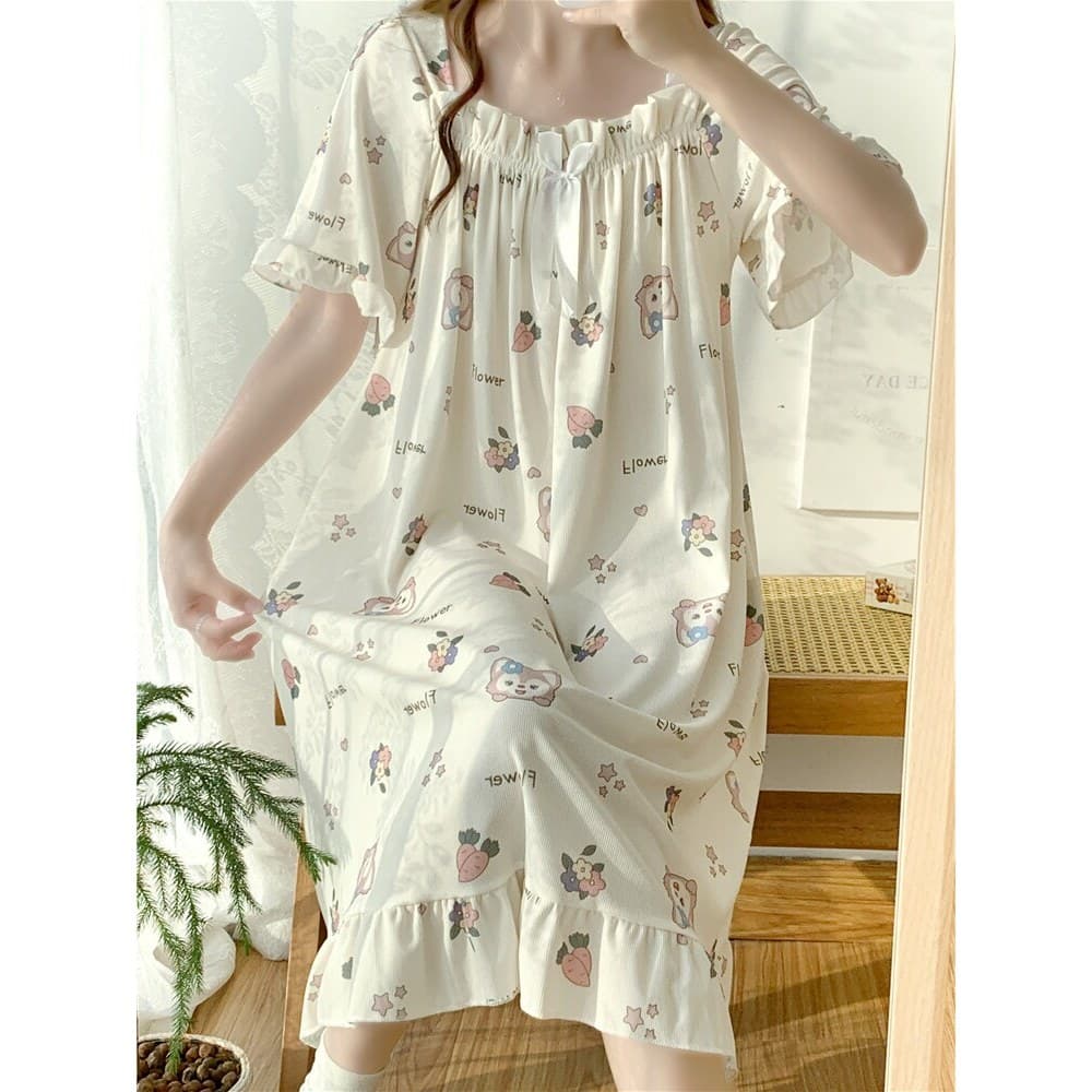 Camisola feminina verão seda gelo Plus Size gordura mm100kg doce bonito dos desenhos animados verão pijamas vestido solt