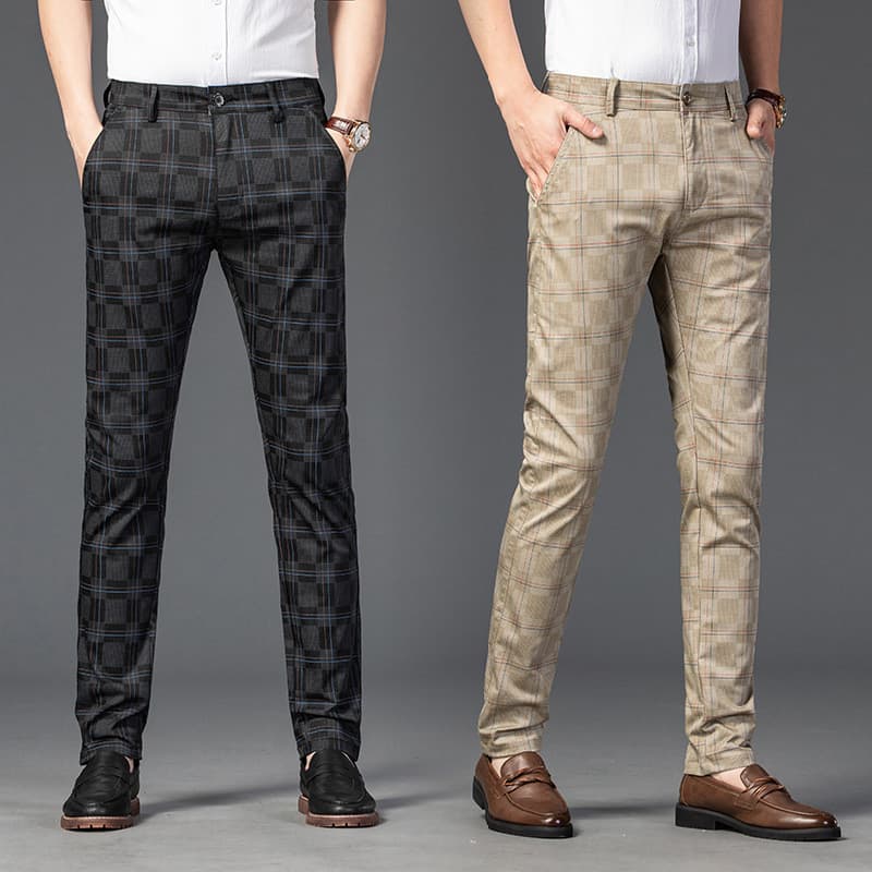 Calças casuais masculinas primavera Street Wear xadrez listrado calças 2024 novo estilo primavera outono negócios magro-