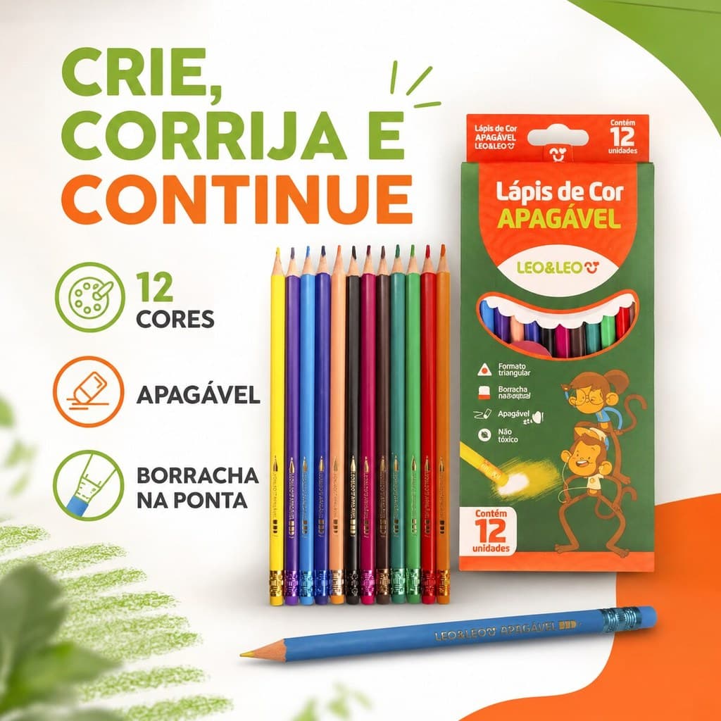 Lapis De Cor 12 Cores Apagável Leo Leo Lápis de Cor Com Borracha