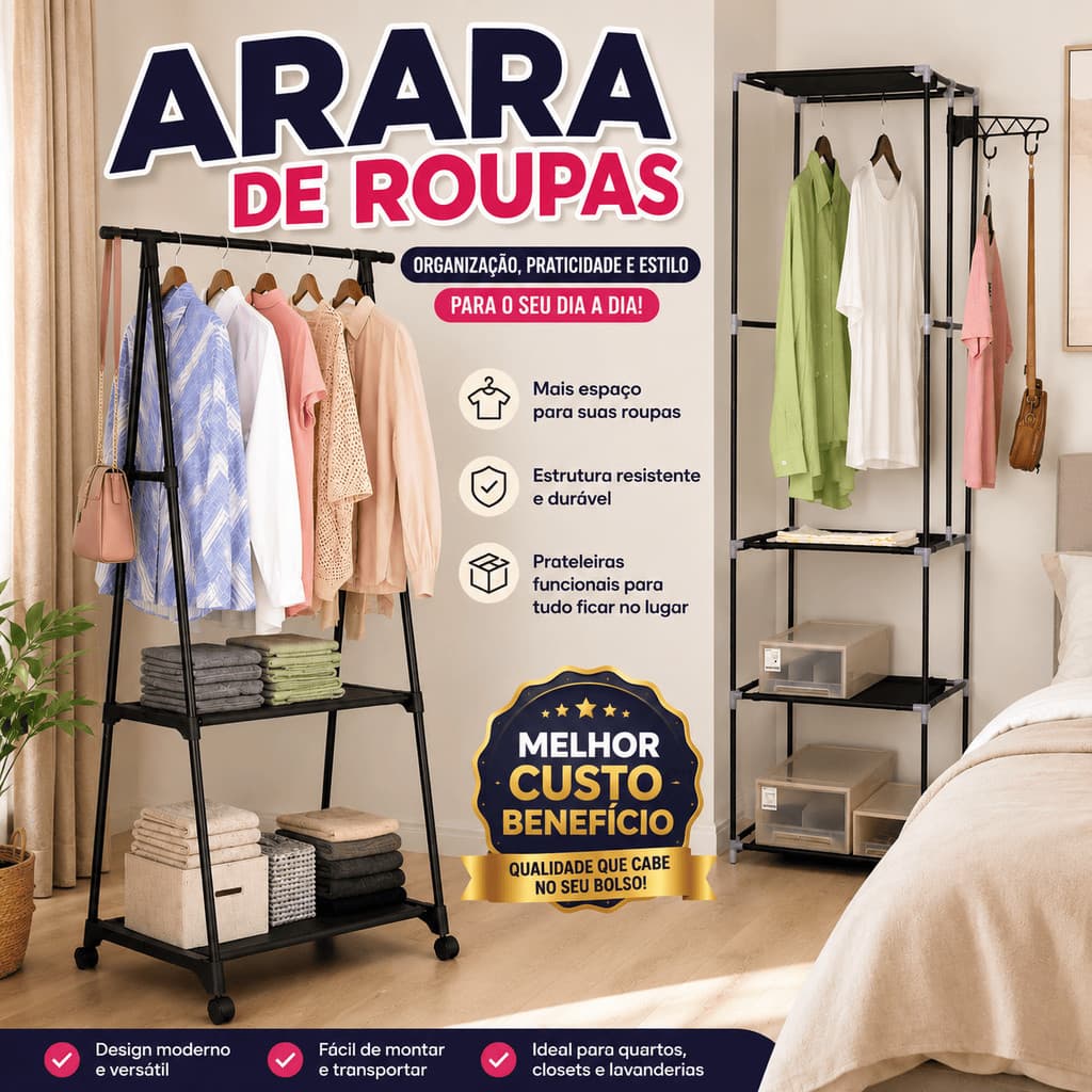 Arara de Roupas Cabideiro Organizador com Prateleiras para Quarto Closet Lavanderia Multiuso
