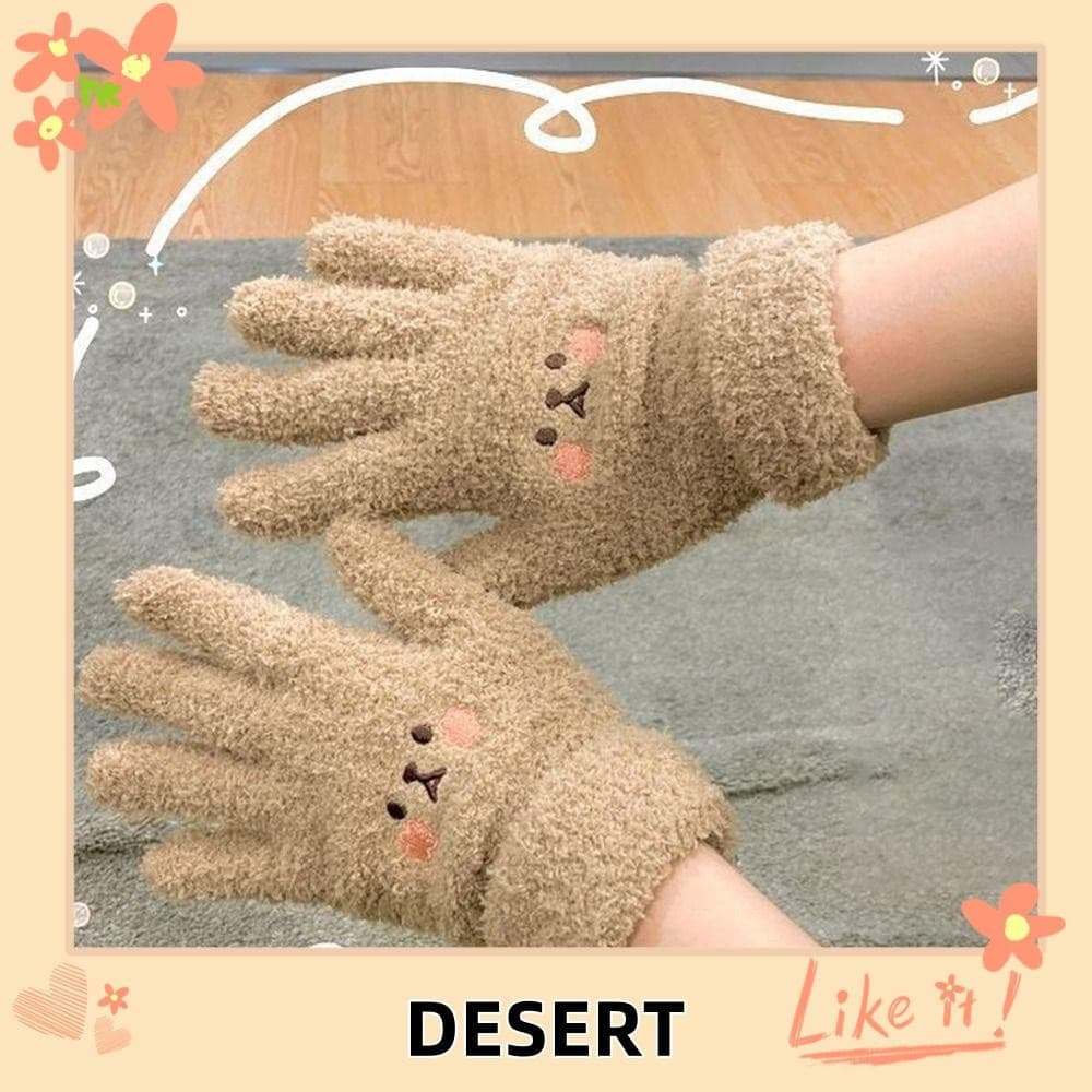 Luvas para Meninas Deserto, Tricô Grosso, Urso Rosa Bordado, Proteção Térmica para os Dedos, Luvas de Montaria de Pelúci
