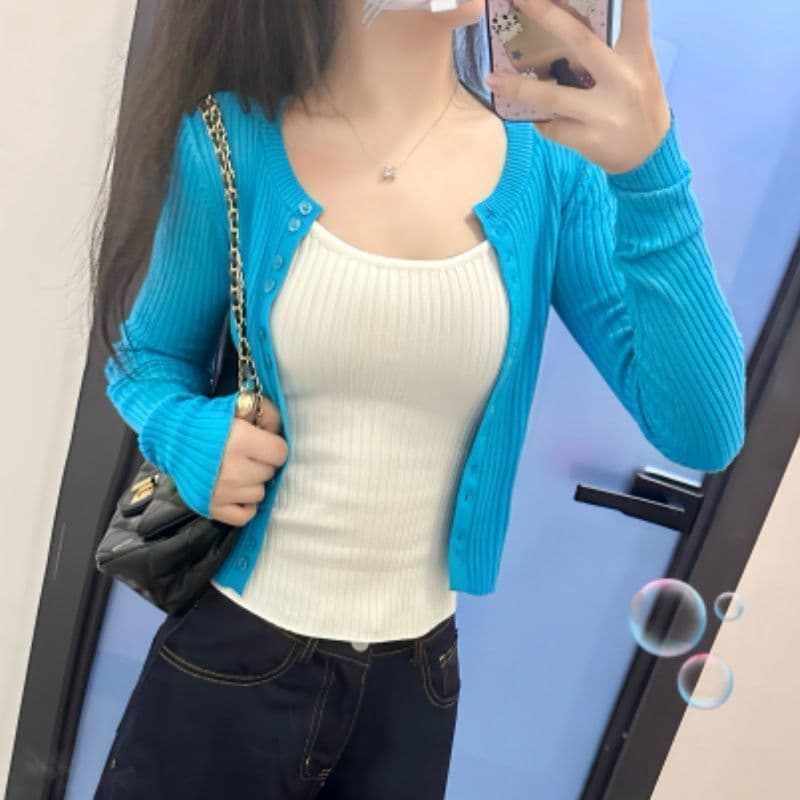 Cardigan azul coreano malhas feminino nicho Design curto All-Match topo estilo dopamina cardigan de cor sólida