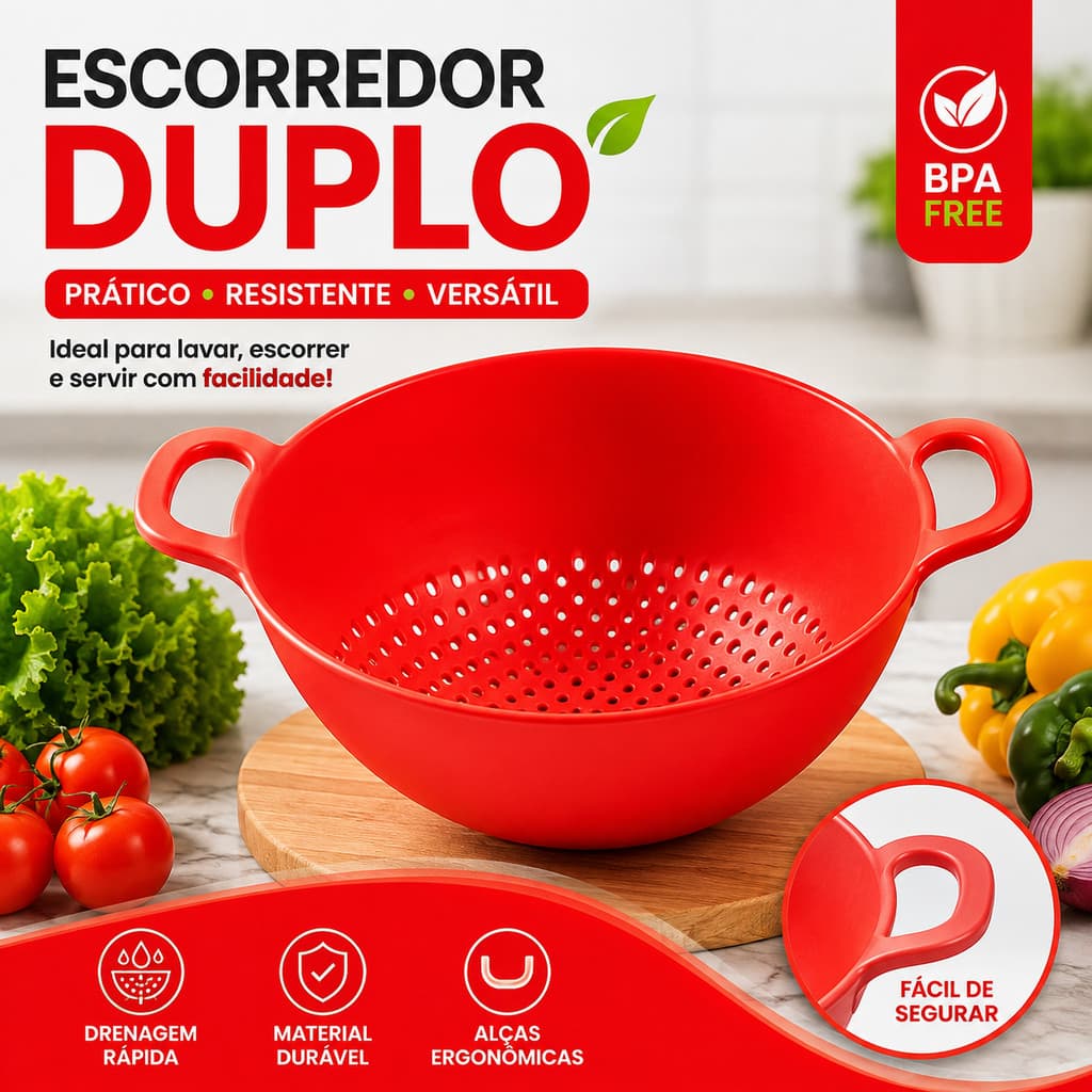Escorredor de Arroz/ Lava Tudo Vermelho - Macarrão - Legumes - Saladas - Plástico - Cores Sortidas.