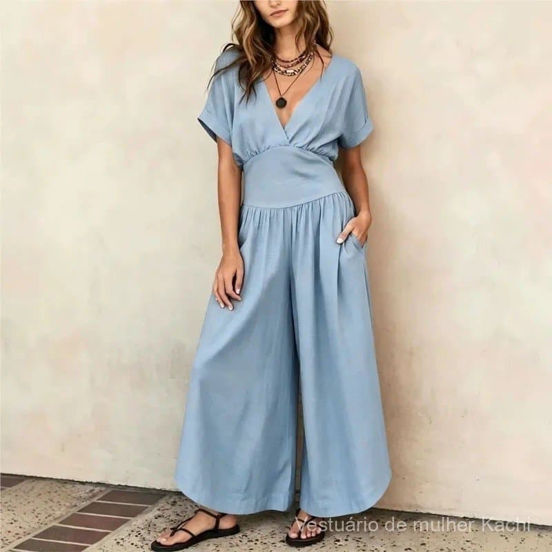 Macacão Feminino Elegante Liso de Verão com Decote em V, Manga Curta, Solto, Cintura Alta, Corte Reto, Novo Macacão Casu