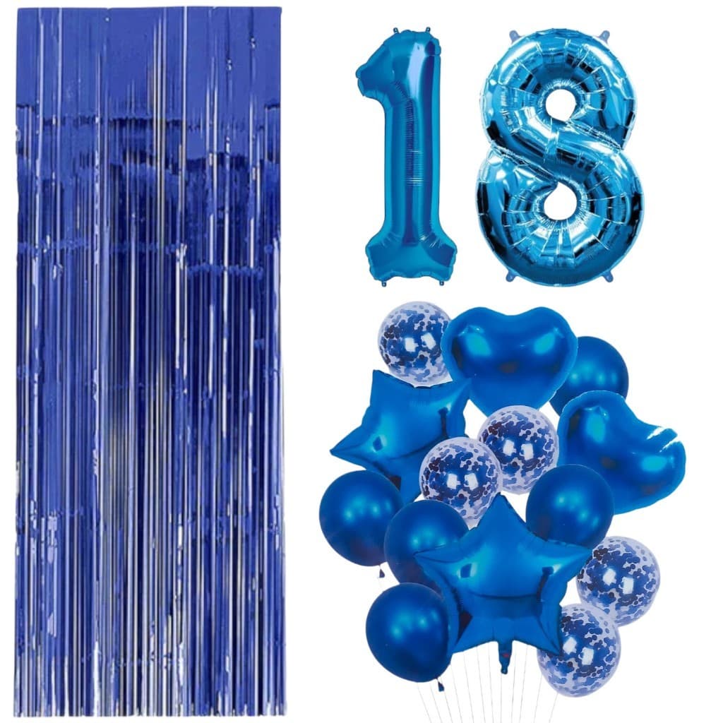 Kit Decoração Azul Buque Metalizado Balão 14 Peças + Cortina Fita Metalizada + 2 Números Eventos Festa