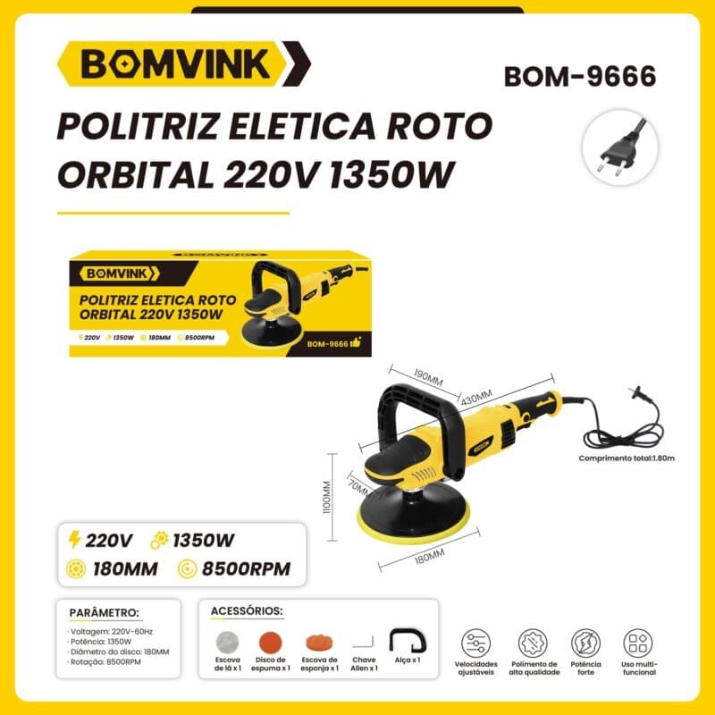 Politriz Bomvink BOM-9666 Roto Orbital 5" 1350W + BOM-9576 Angular 7" 1200W Profissional Automotiva com Boinas e Kit Com