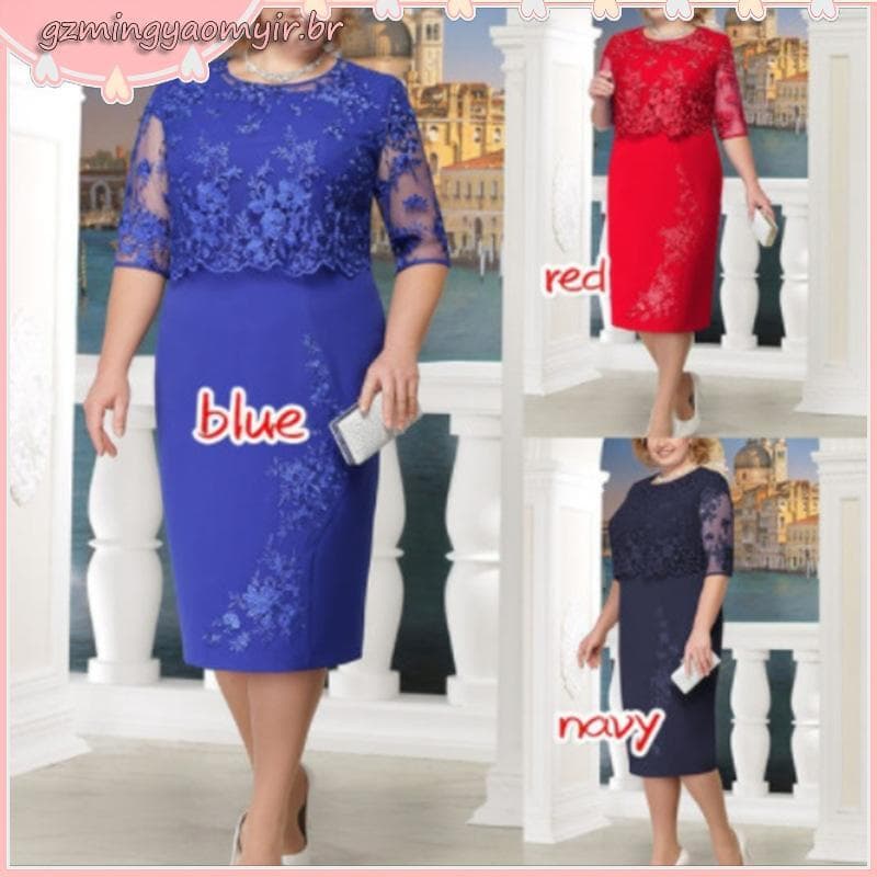 vestido azul elegante de renda para mulheres, plus size mulheres, festa à noite, tamanho grande, gordo, verão e outono
