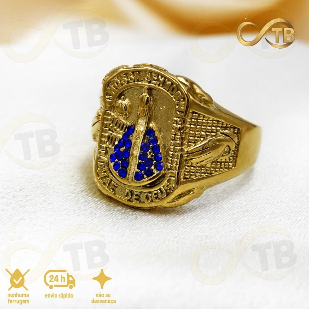 TB Brinquedos Anel Masculino de Aço Inox Nossa Senhora Aparecida com Pedra Azul, Banhado a Ouro 18K