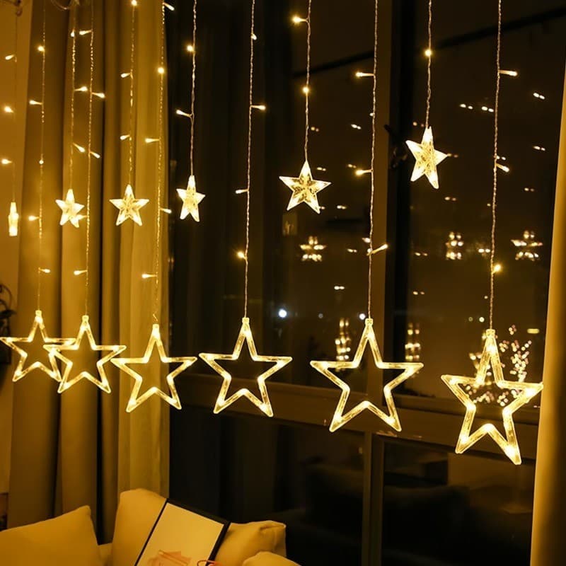 Cascata com 138 LED Formato em Estrela 8 Funções de Pisca para Cortina de luz para decorações de Natal Branco Quente110V