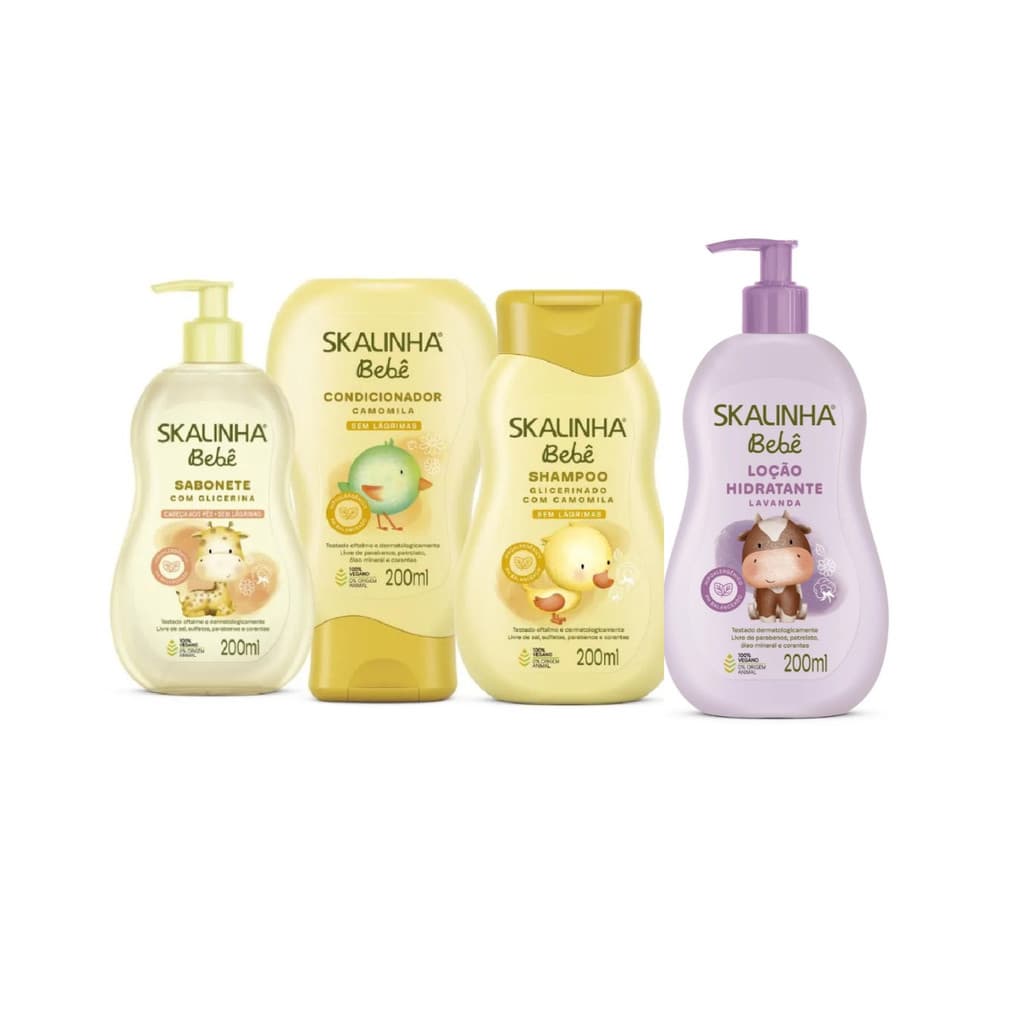 Kit Skalinha Bebê Sh + Cond Camomila + Sab Liq + Hidrat 200ml Lavanda